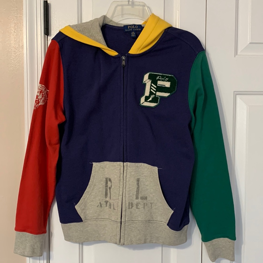 Boys, Polo multicolor zippered hoodie, size 14/16, worn once